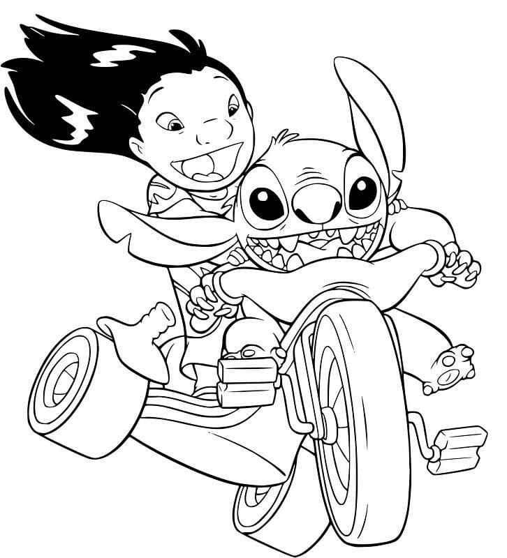 Coloriage Disney Stitch - Fait du vélo avec Lilo