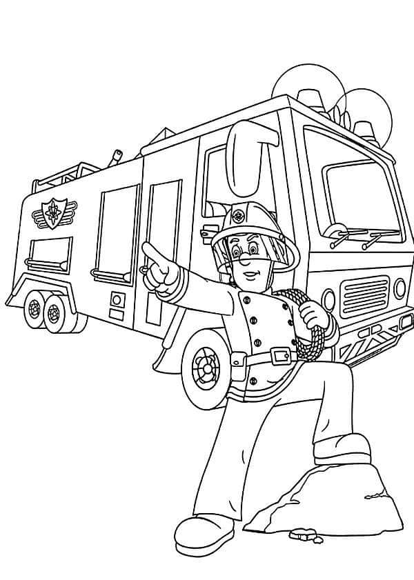 Coloriage Sam le pompier avec son camion incendie